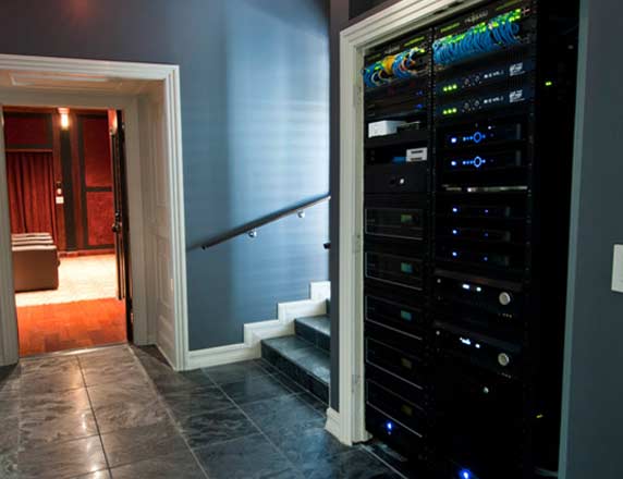 Home Theater with subwoofers and projector screen